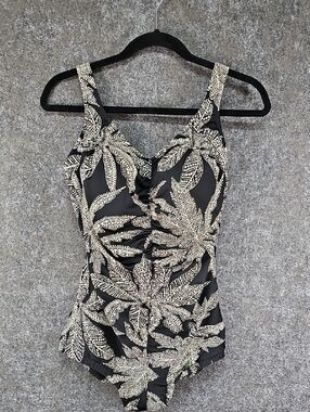 Pembrooke Tropical Palm Print Swimsuit, One Piece, Black White, Size 14